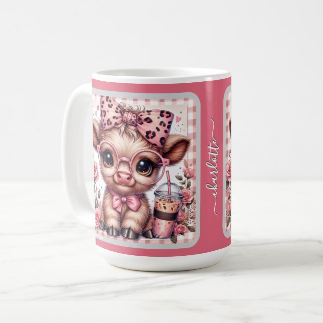 Custom Baby Higland Cow in Pink Leopard Print Bow  Coffee Mug (Front Left)