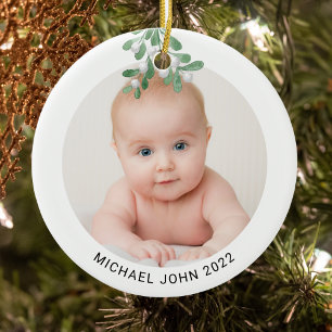 Custom Baby Name Photo Christmas Watercolor Ceramic Tree Decoration