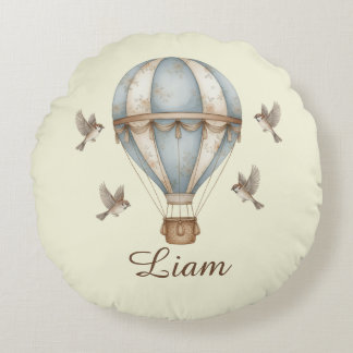 Custom Baby Name Watercolor Vintage Hot Air Balloo Round Cushion