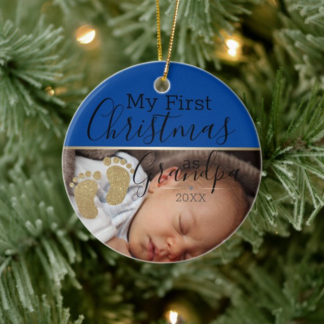 Custom Baby Photo First Christmas as Grandpa Ceramic Tree Decoration (Tree)