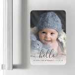 Custom Baby Photo Hello Birth Announcement Magnet<br><div class="desc">Celebrate the arrival of your newest family member with this keepsake flexible magnet, featuring the word "hello" in elegant charcoal grey handwriting script with swashes at the beginning and end. Personalise it with baby's name and birth date, and replace the sample image with your favourite baby photo. A white gradient...</div>