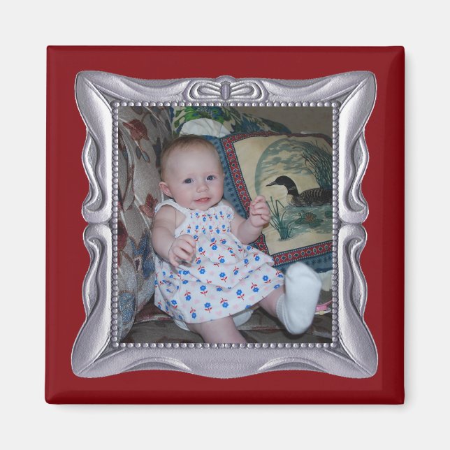 Custom Baby Photo in Fancy Silver Frame Add Photo Magnet (Front)