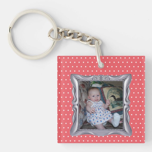 Custom Baby Photo in Fancy Silver Frame Pink Dots Key Ring (Front)