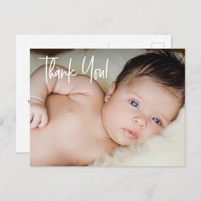 Custom Baby Photo Minimal Modern Script Thank you Announcement Postcard (Front/Back)