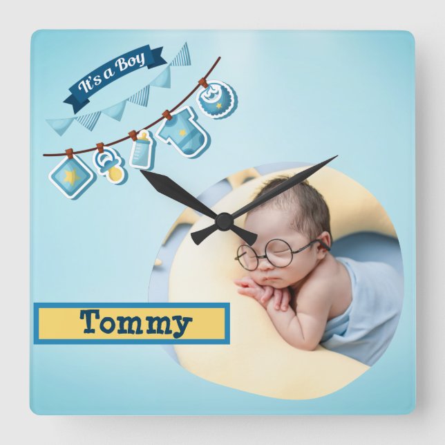 Custom Baby Photo -  Personalised Square Wall Clock (Front)