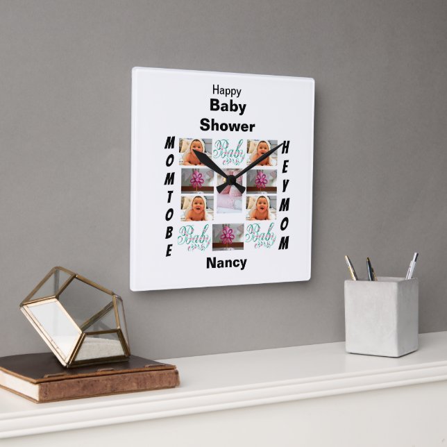 Custom Baby Shower 11 Photo Collage Square Wall Clock (Office)