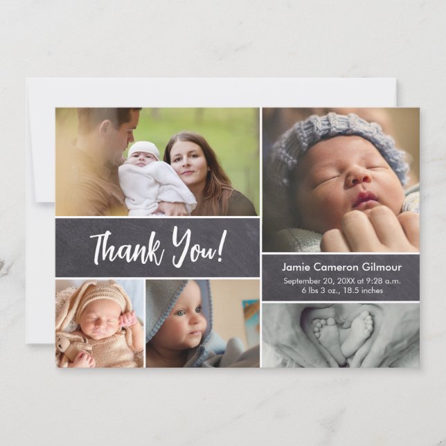Custom Baby shower Birth Stat Photo collage Thank You Card (Front)
