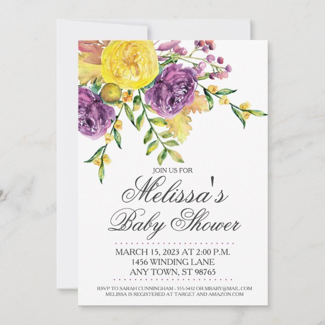 Custom Baby Shower Invite, Purple Yellow Floral Invitation (Front)