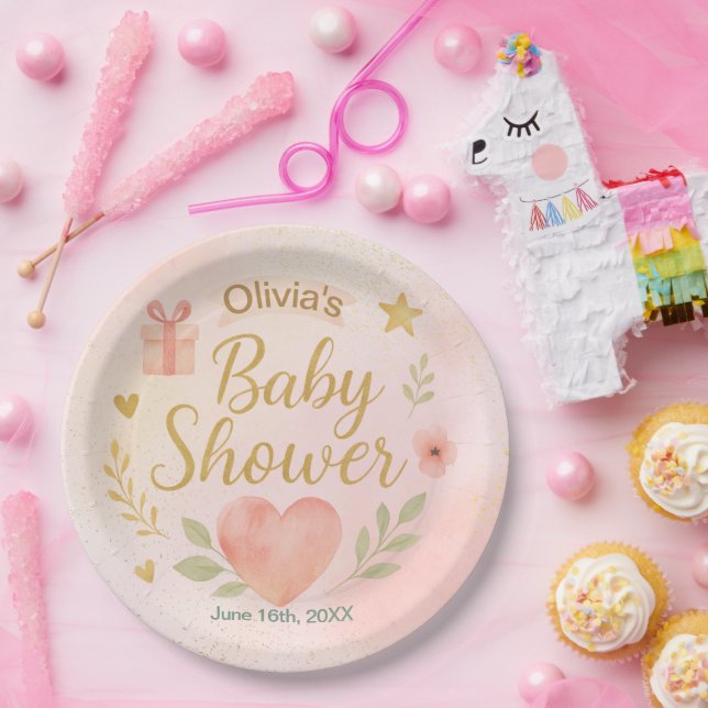 Custom Baby Shower Paper Plate – Watercolor Heart. (Party)