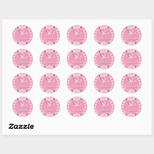 Custom Baby Shower Sticker – Pink Floral Stork Bab