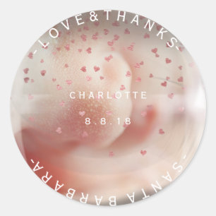 Custom Baby Shower Thanks Pink Rose Heart Confetti Classic Round Sticker