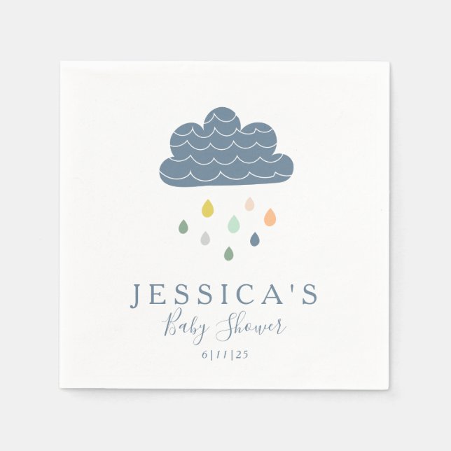Custom Baby Shower Whimsical Cloud Raindrops Blue Napkin (Front)