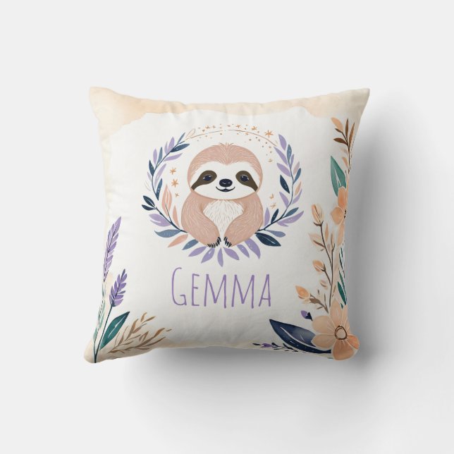 Custom Baby Sloth Pillow Boho Floral Design -  (Back)