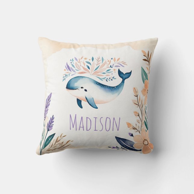 Custom Baby Whale Pillow Boho Floral Design -  (Back)