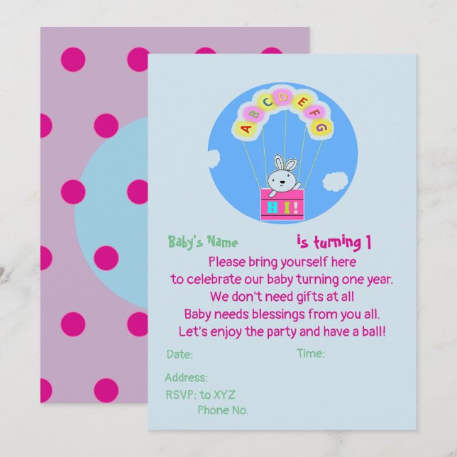 Custom Baby's 1st birthday invitation (Front/Back)