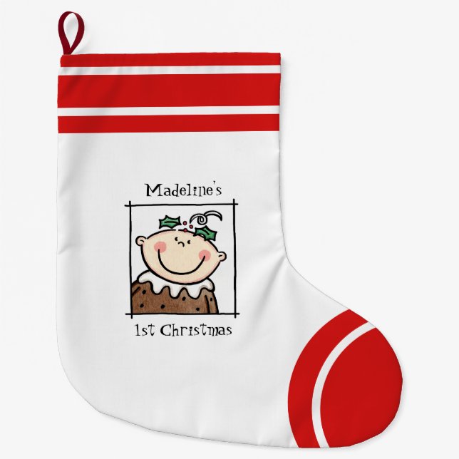 Custom Baby's 1st Christmas Light Skin Baby Face Large Christmas Stocking (Front)