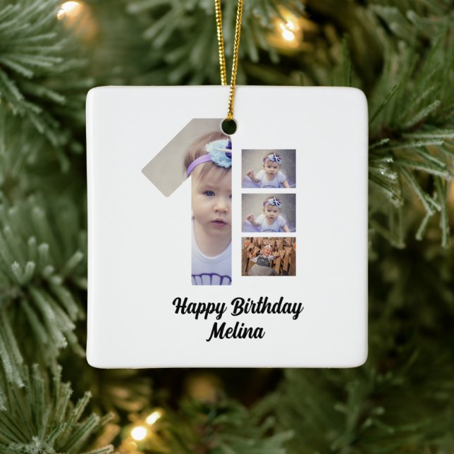 Custom Baby's first birthday 4 Photo collage  Ceramic Ornament (Tree)