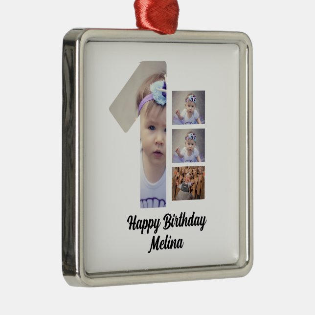 Custom Baby's first birthday 4 Photo collage  Metal Tree Decoration (Right)