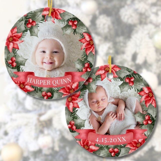 Custom Baby's First Christmas Ceramic Tree Decoration (Baby's First Christmas Classic Floral Frame Photo Ceramic Ornament)