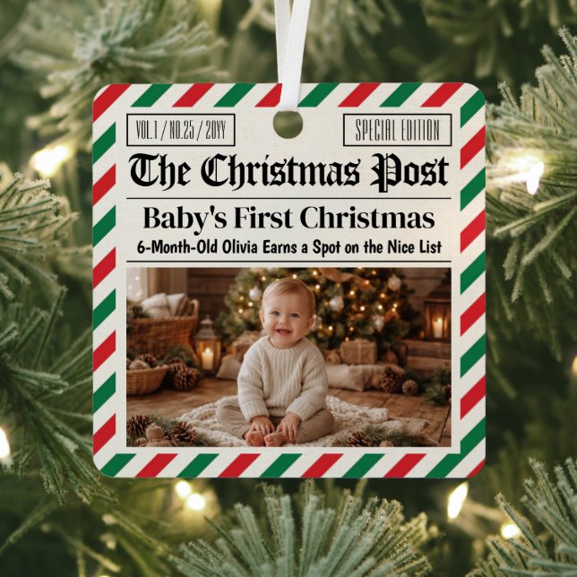 Custom Baby's First Christmas Newspaper Metal Tree Decoration (Insitu)