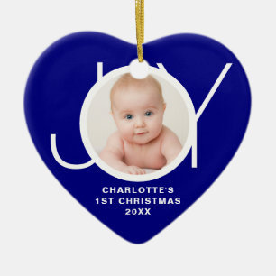 Custom Baby's First Christmas Photo Blue Joy Ceramic Tree Decoration