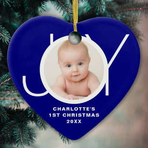 Custom Baby's First Christmas Photo Blue Joy Ceramic Tree Decoration