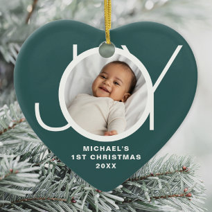 Custom Baby's First Christmas Photo Green Ceramic Tree Decoration
