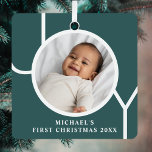 Custom Baby's First Christmas Photo Green Metal Tree Decoration<br><div class="desc">This keepsake Baby's First Christmas Photo Ornament is decorated with the word JOY on a dark green background.
Easily customisable with your photo,  name,  and year.</div>