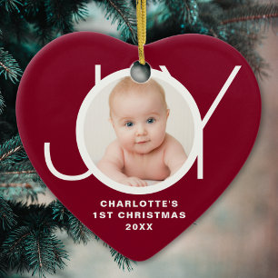 Custom Baby's First Christmas Photo Joy Maroon Ceramic Tree Decoration