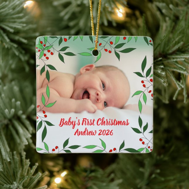 Custom baby's first Christmas Photo name Ceramic Ornament (Tree)