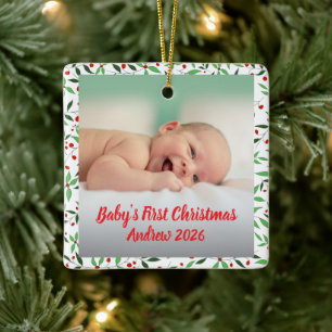 Custom baby's first Christmas Photo name Ceramic Ornament