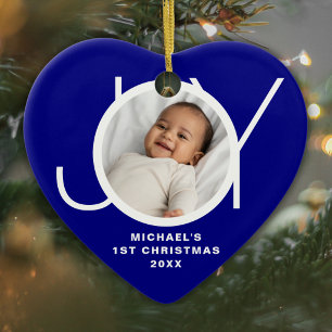 Custom Baby's First Christmas Photo Navy Blue Ceramic Tree Decoration