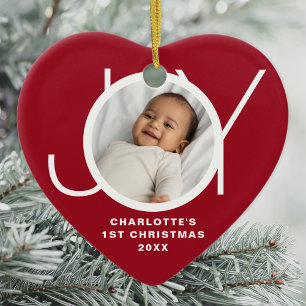 Custom Baby's First Christmas Photo Red Ceramic Tree Decoration