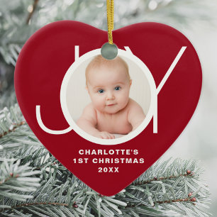 Custom Baby's First Christmas Photo Red Ceramic Tree Decoration