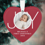 Custom Baby's First Christmas Photo Red Heart Ornament<br><div class="desc">This stylish Baby's First Christmas Photo Heart-shaped Ornament features the word JOY on a maroon-red background.
Easily customisable with your photo,  name,  and year.</div>