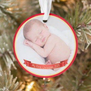 Custom Baby's First Christmas Red Banner Photo Ornament