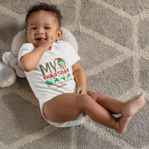Custom Baby's First Christmas Santa On His Sledge  Baby Bodysuit
