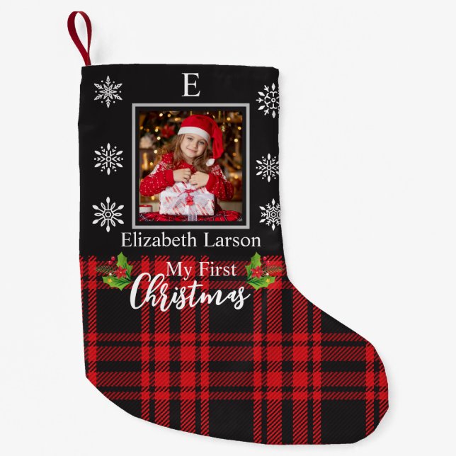 Custom Baby's First Xmas Monogram Black photo Small Christmas Stocking (Front)
