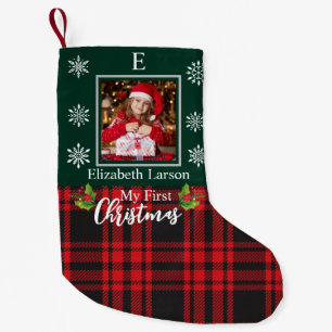 Custom Baby's First Xmas Monogram Green photo Small Christmas Stocking