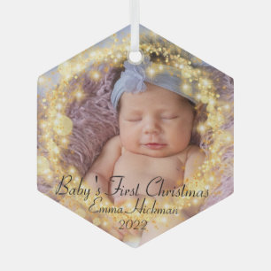 Custom Baby's Photo First Christmas Gold Circle  Glass Tree Decoration