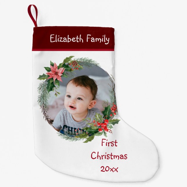 Custom Baby's Photo First Christmas - Name Year Small Christmas Stocking (Front)