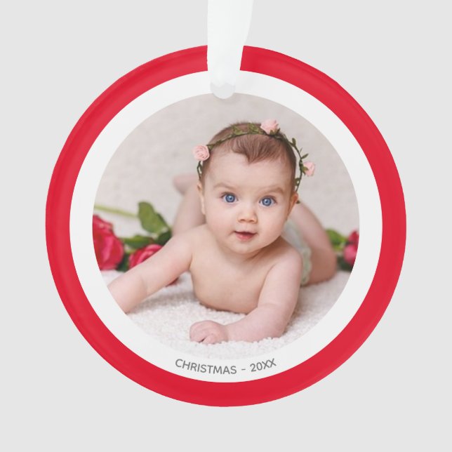 Custom Baby's Photo with Red & White Frame Ornament (Front)