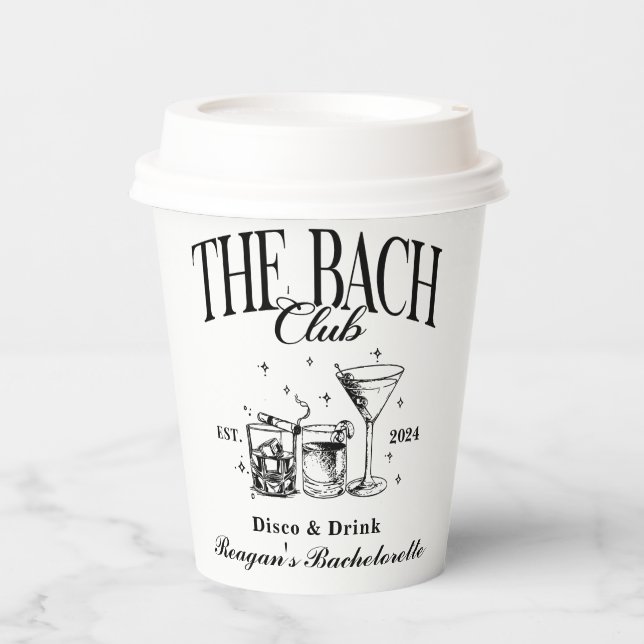 Custom Bach Club Bachelorette Retro Cocktail Black Paper Cups (Front)