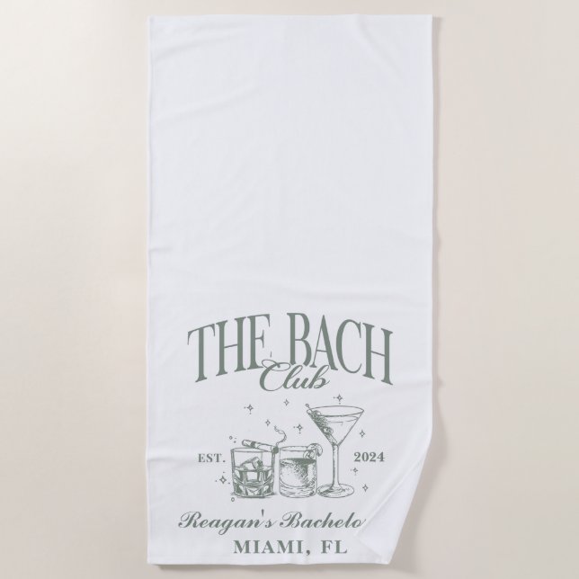 Custom Bach Club Bachelorette Retro Cocktail Green Beach Towel (Front)