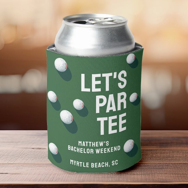 Custom Bachelor Party Golfing Trip Let's Par Tee Can Cooler (A can cooler designed with a golf theme, showcasing golf balls and tees against a vibrant green back)