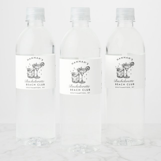 Custom Bachelorette Retro Cocktail Black Water Bottle Label (Bottles)