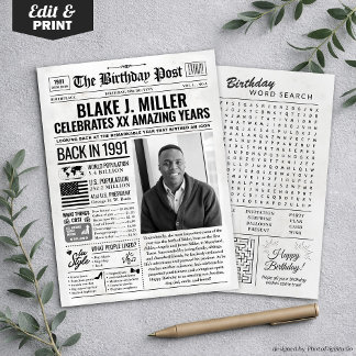 Custom Back in 1991 Newspaper Birthday Card, Trend Holiday Card