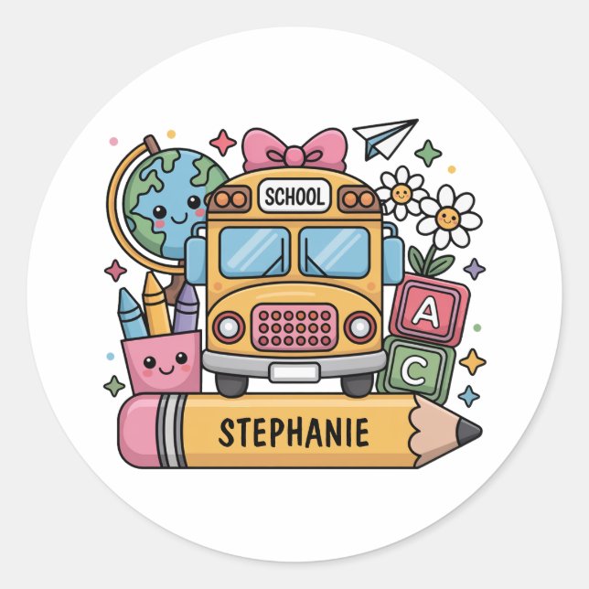 Custom Back-to-School Bus - Personalise Classic Round Sticker (Front)