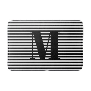 Custom back white stripes monogram initial modern bath mat