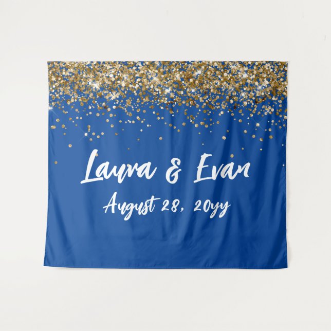 Custom Backdrop Wedding Photo Booth Blue and Gold Tapestry (Front (Horizontal))